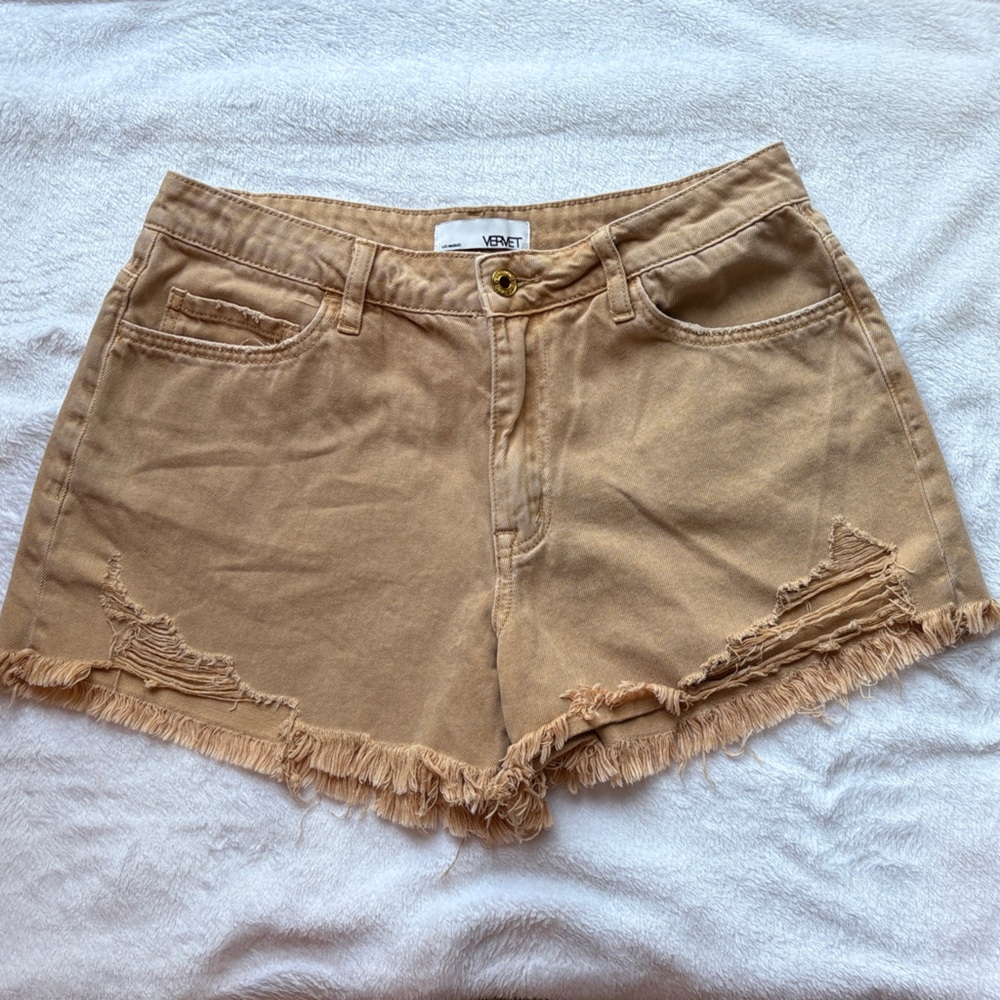 Ventti Tan Distressed Jean Shorts